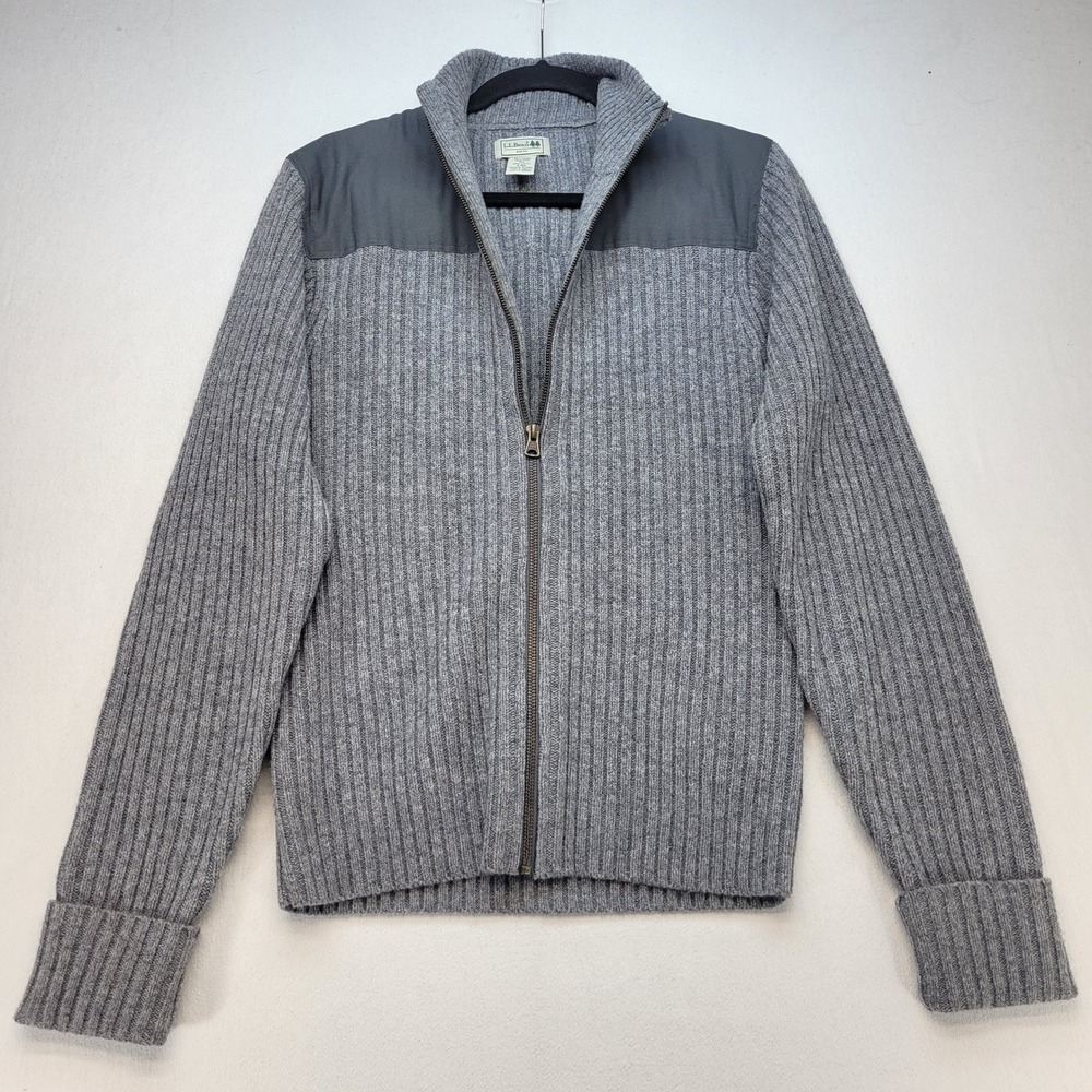 LL Bean Full Zip Sweater Mens S Gray Merino Lambswool Ribbed Elbow Patch 517411